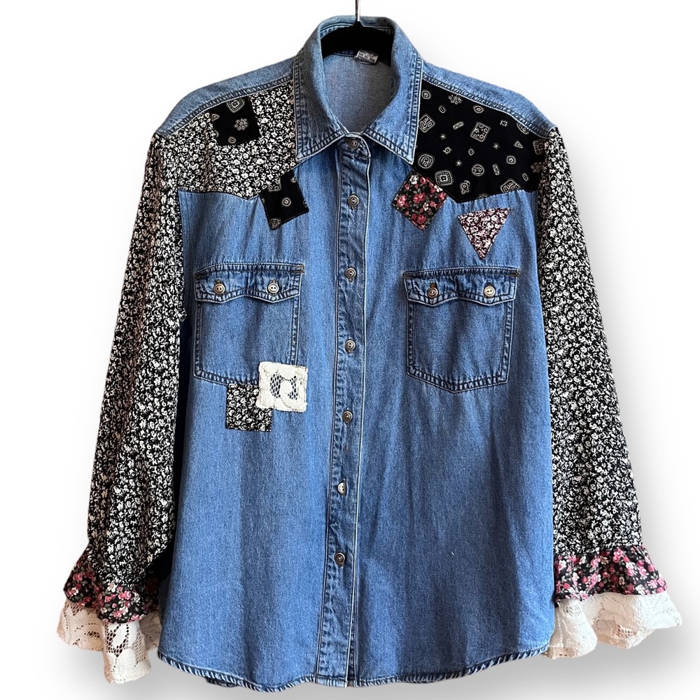 Vintage 90s Zana Di Patchwork Denim Boho Button Up Long Sleeve Shirt